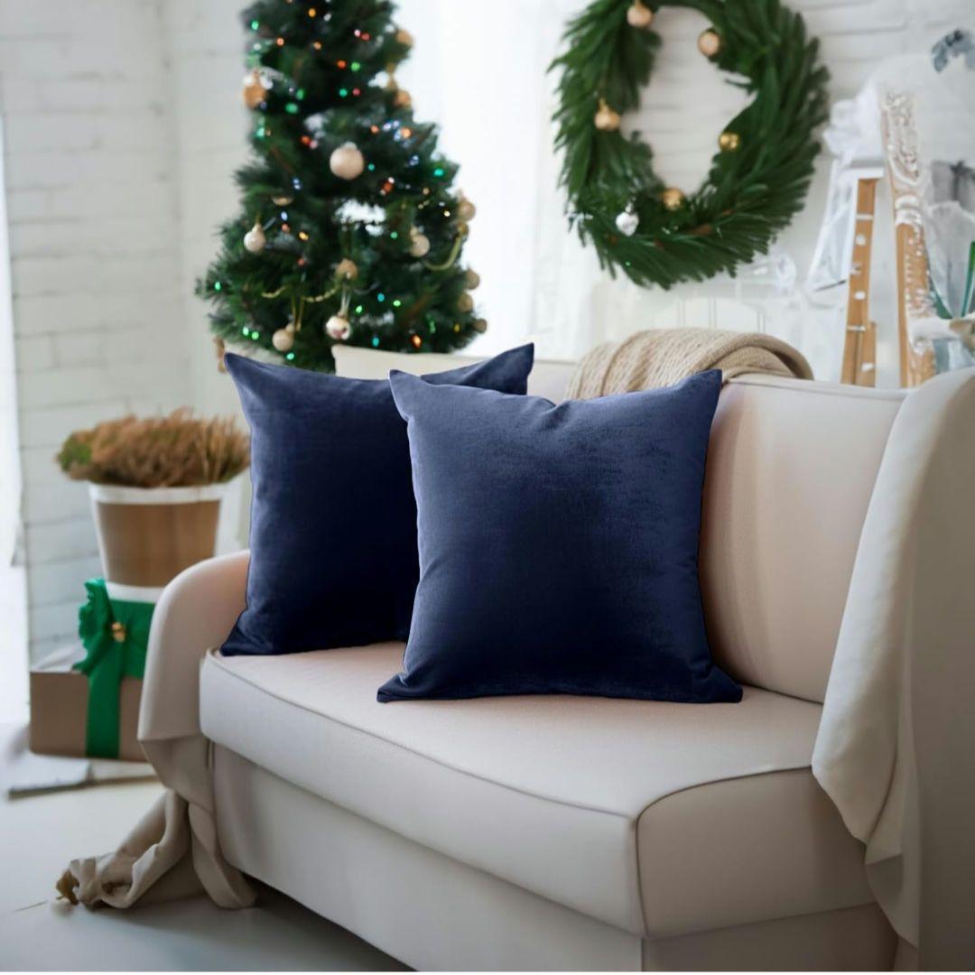 新商品⭐ ベルベット 装飾 枕カバー2個 ネイビーブルー 45x45㌢　枕カバー
