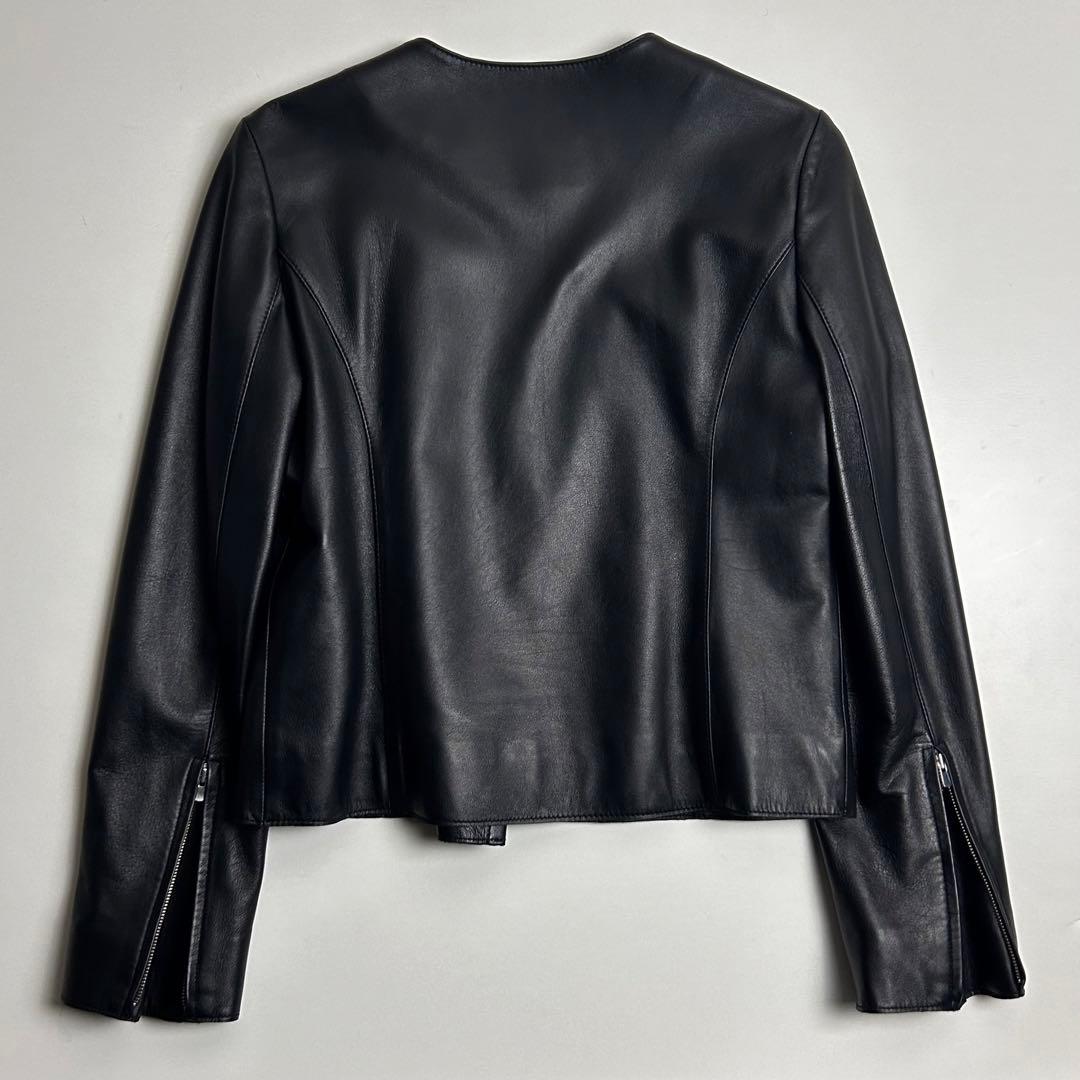 【美品】エムプルミエ/ラムレザーノーカラージャケット/羊革/ブラック