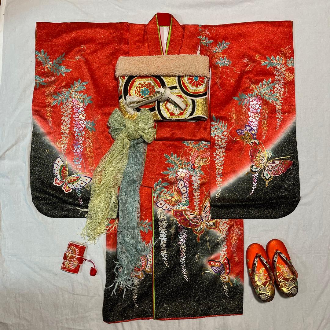 七五三　7歳　正絹　赤　黒　アンティーク