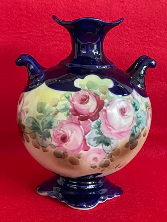 オールドノリタケ　瑠璃色バラ柄　花生