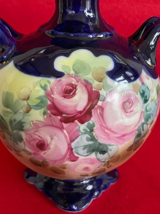 オールドノリタケ　瑠璃色バラ柄　花生