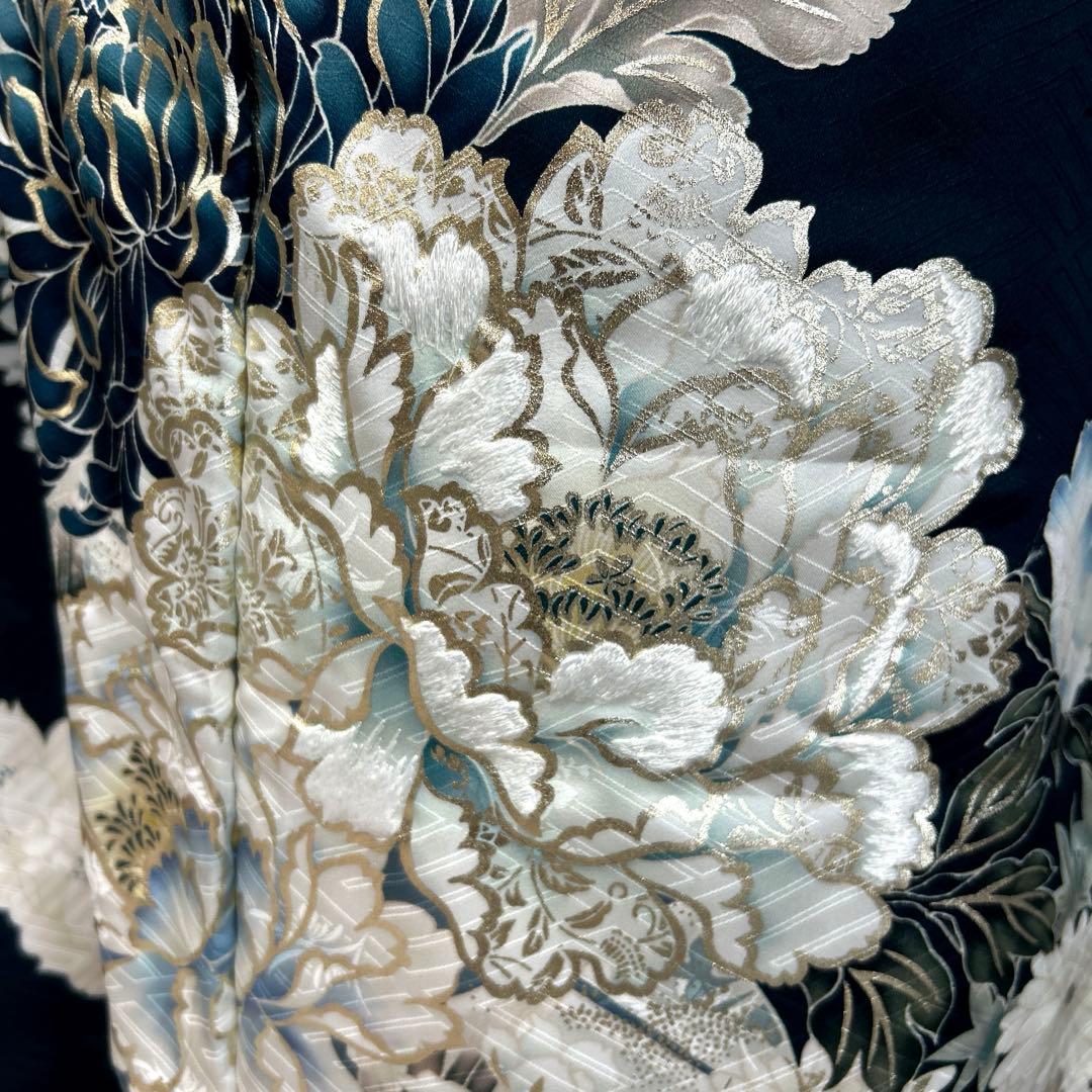 深緑のクールな牡丹と菊に流水の古典振袖フルセット