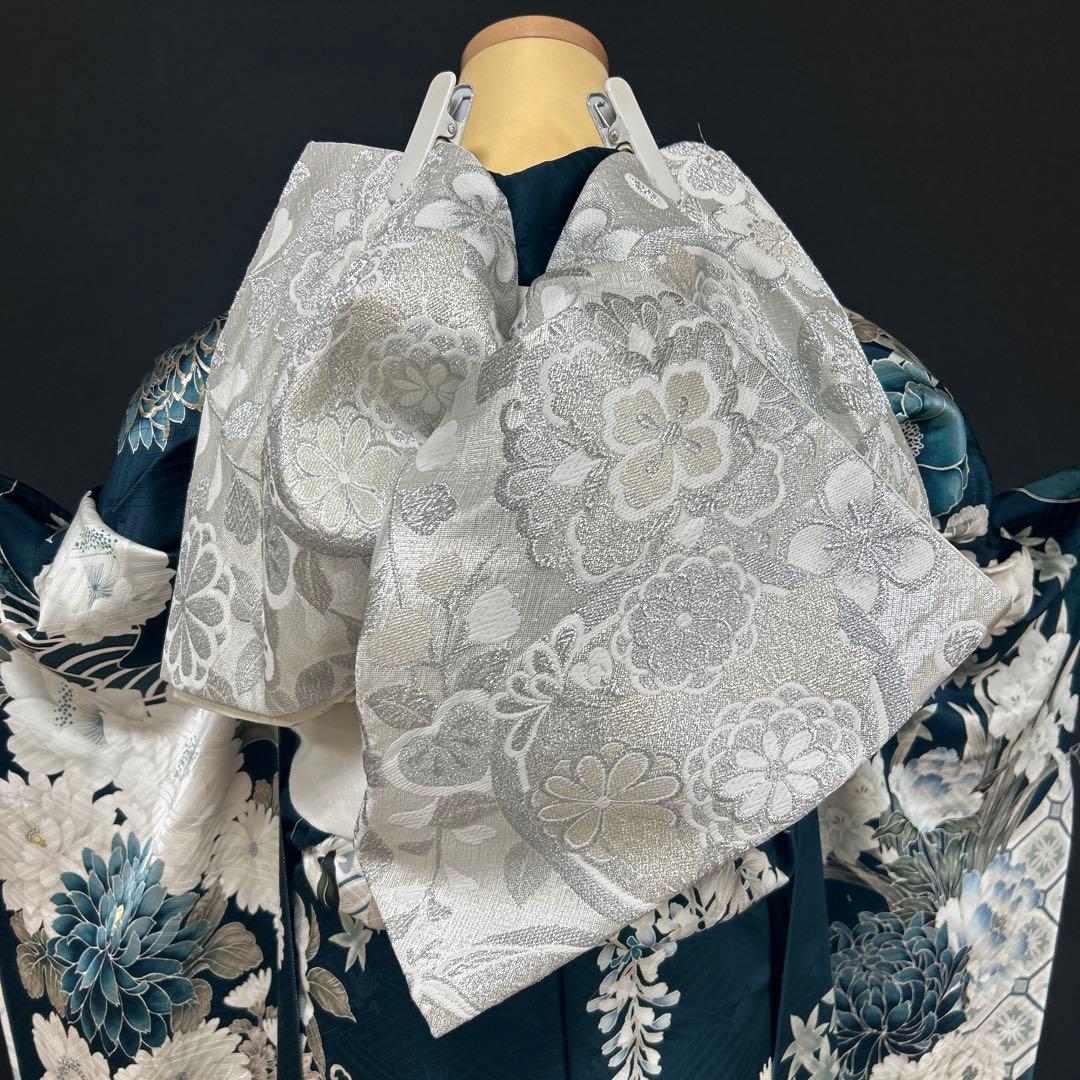 深緑のクールな牡丹と菊に流水の古典振袖フルセット