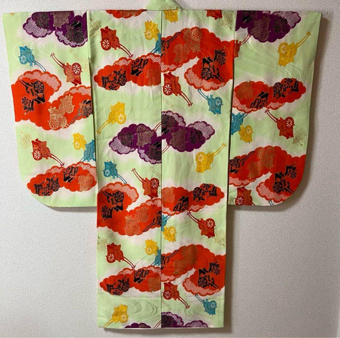七五三　5歳　7歳　正絹　黄緑　古典柄　アンティーク