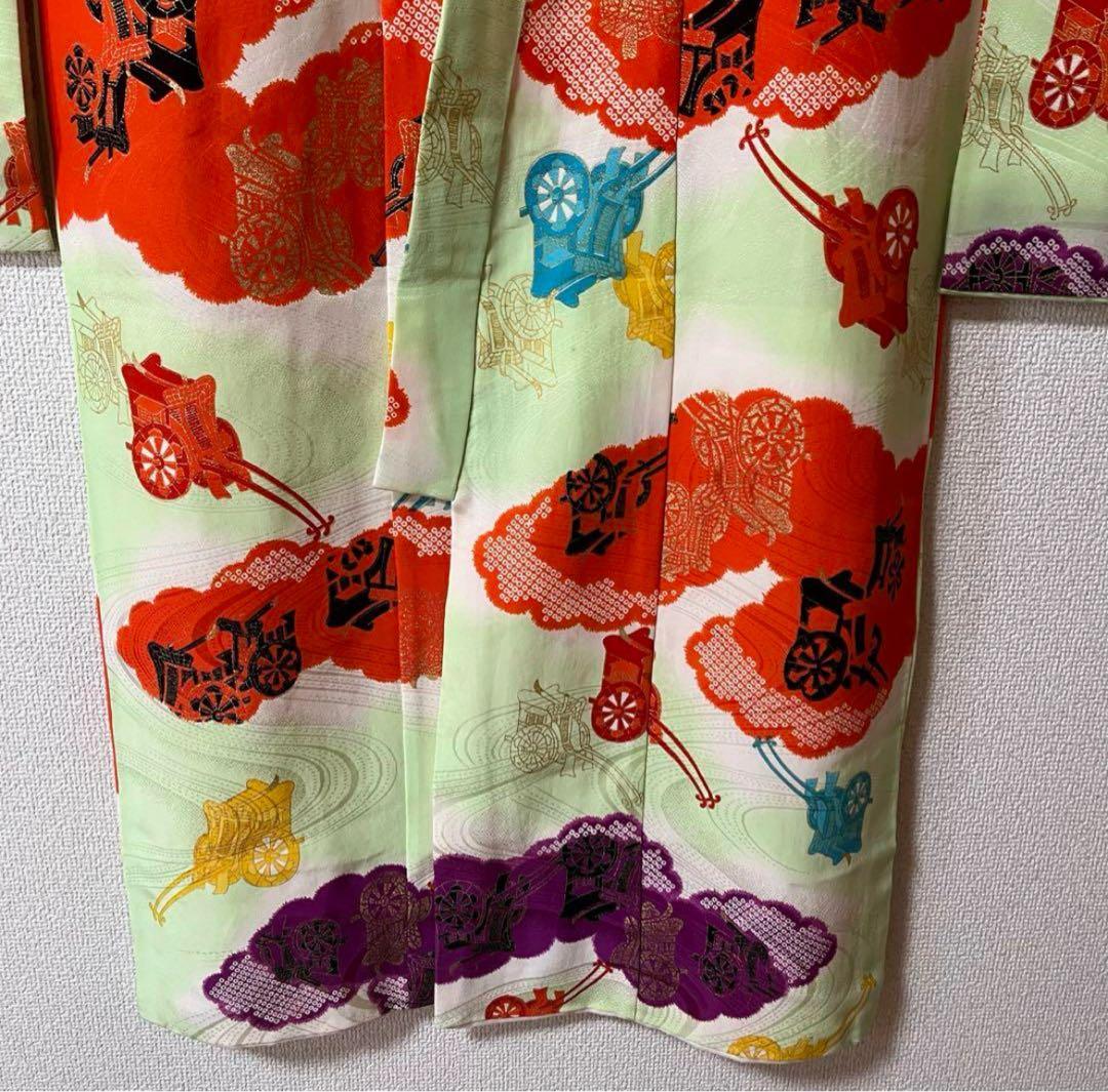 七五三　5歳　7歳　正絹　黄緑　古典柄　アンティーク