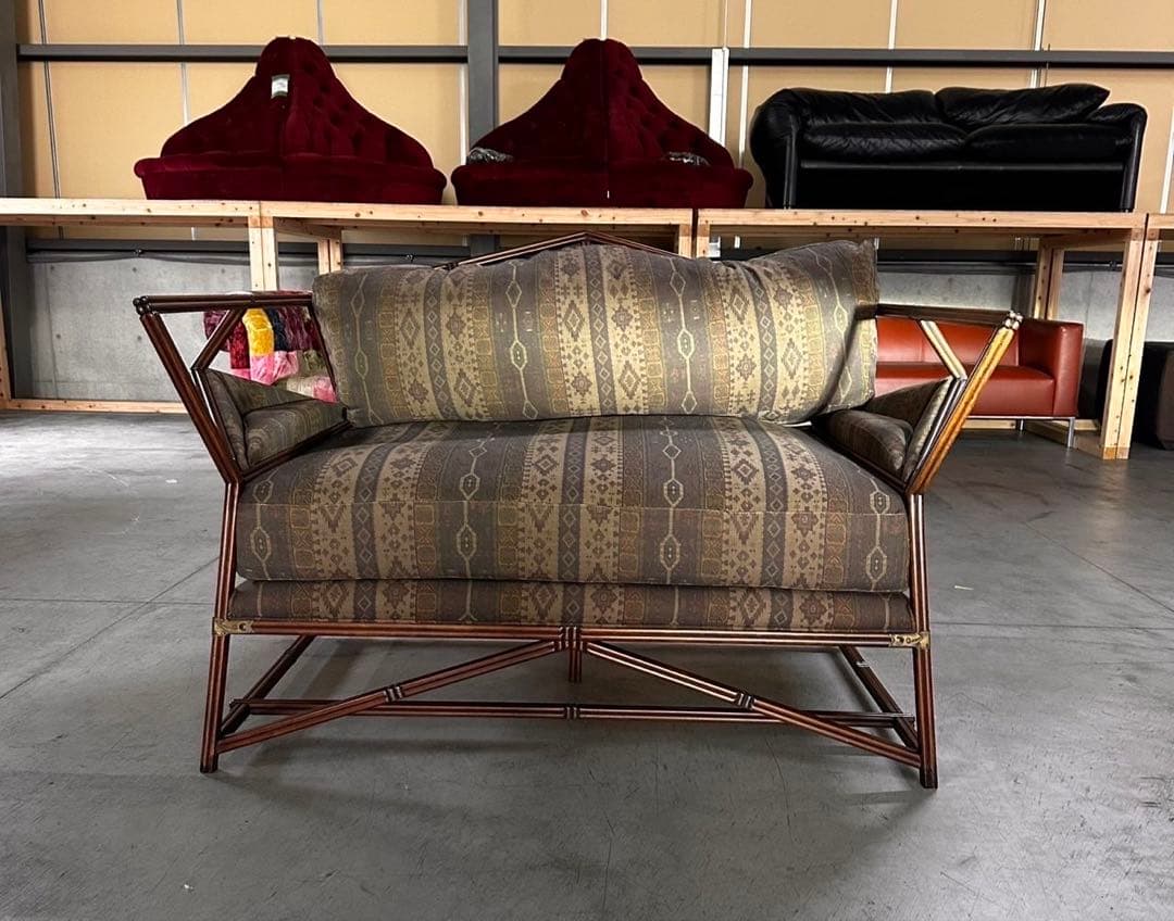 2人掛けソファ エスニック柄 ラタン調フレーム F071