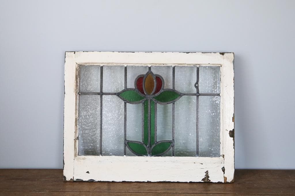 英国アンティークステンドグラス窓枠/ガラスウィンドウ建具/オブジェ(92-48)