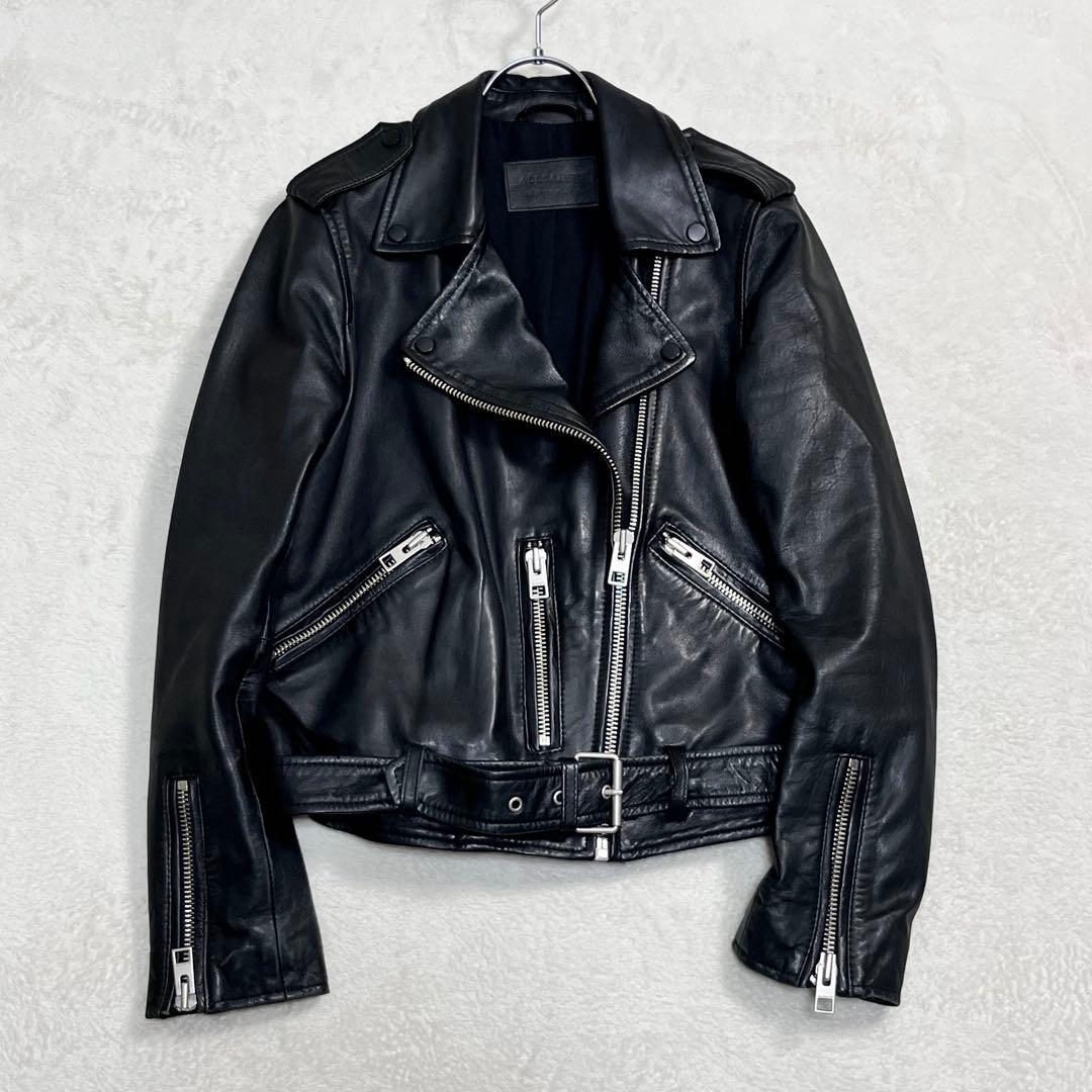 『オールセインツ』ダブルライダースレザージャケット 羊革 UK10 バイカー