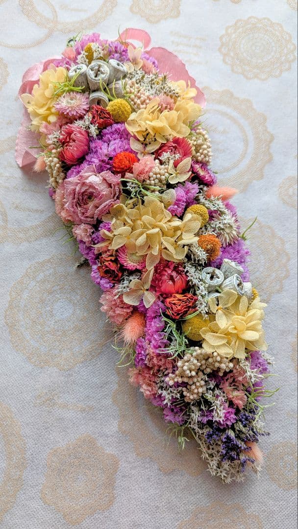 春色縦長ガーランド　ドライフラワー