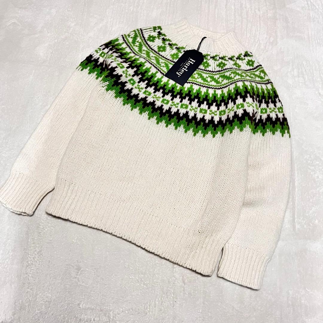 新品タグ付き ハーレーオブスコットランド ノルディック柄 ニット 38 白×緑