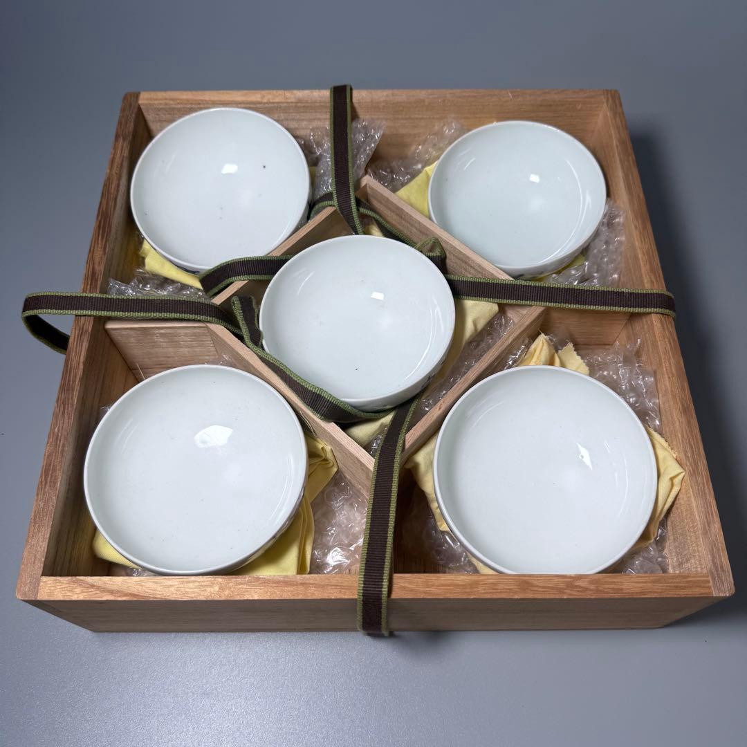 古平戸　染付鶴文様茶碗　五客　特注仕立箱　汲み出し　江戸後期〜明治期　古伊万里