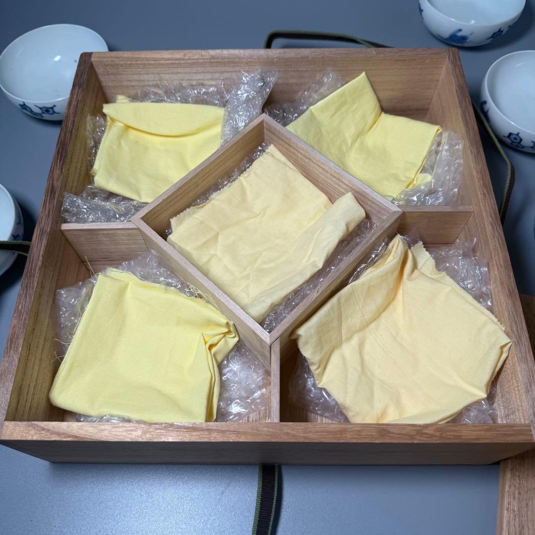 古平戸　染付鶴文様茶碗　五客　特注仕立箱　汲み出し　江戸後期〜明治期　古伊万里