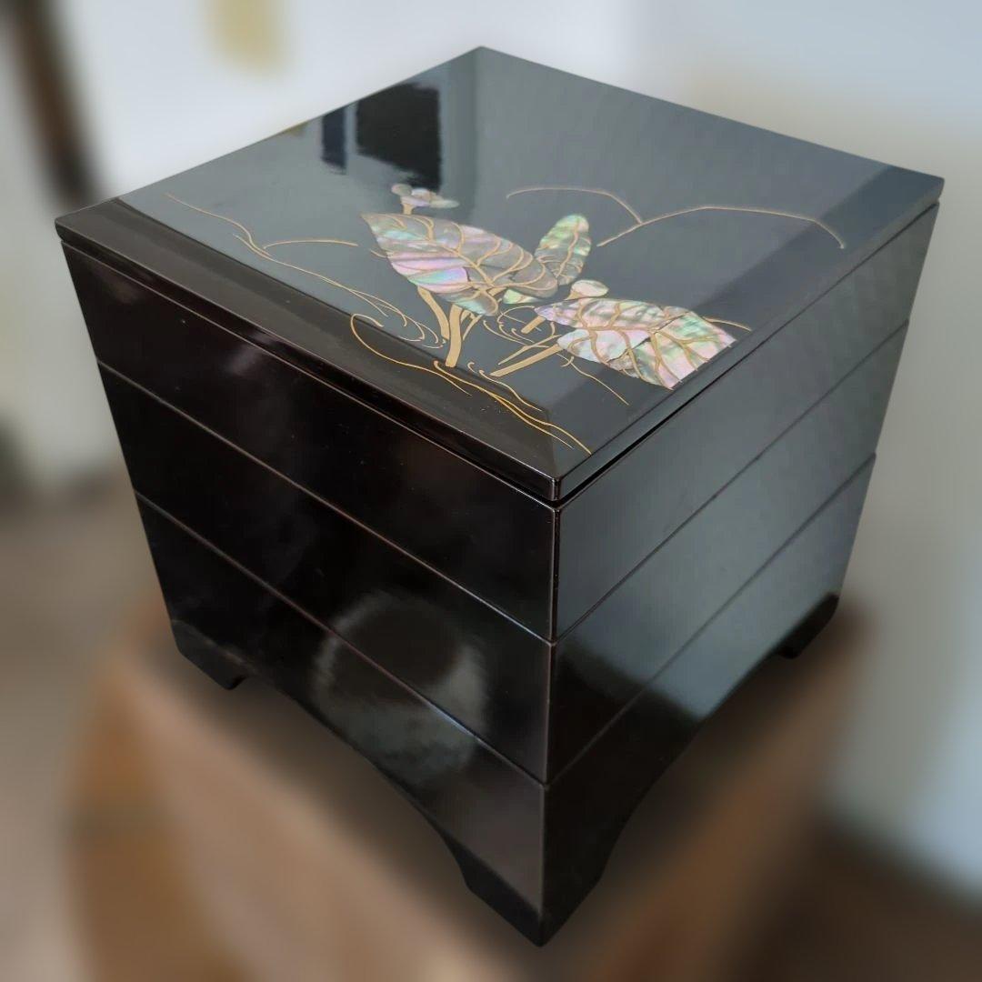 骨董　重箱　螺鈿　三段重　木製　漆器　正月　おせち　木箱