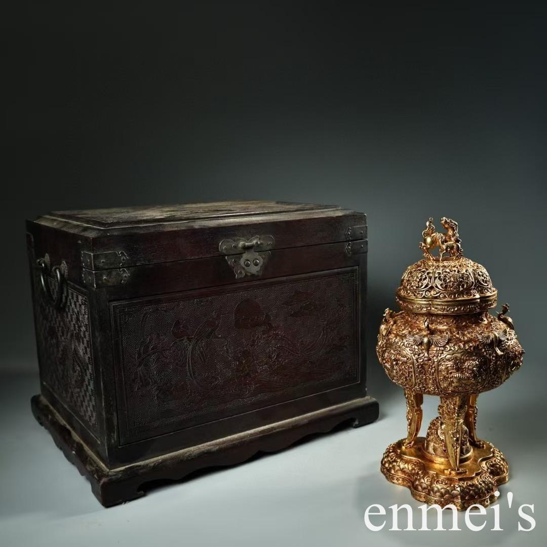 中国古美術・旧蔵六鳳三足獣耳香炉・純銅製・鏨刻鎏金・純手作り・置物・茶道・文房具