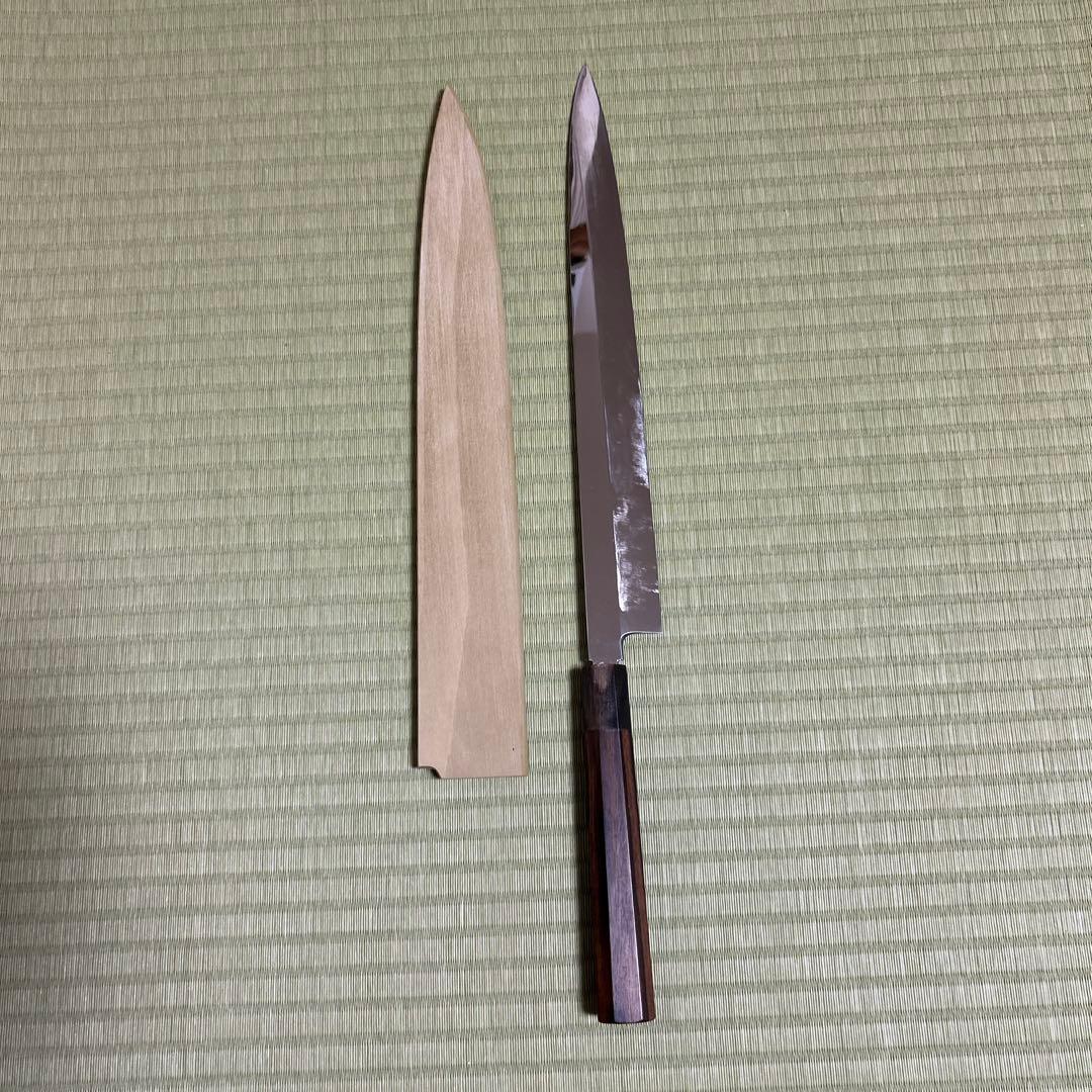 池田美和　本焼　柳刃　和包丁　青鋼　刃紋　久次作　鏡面　刃紋　黒檀柄