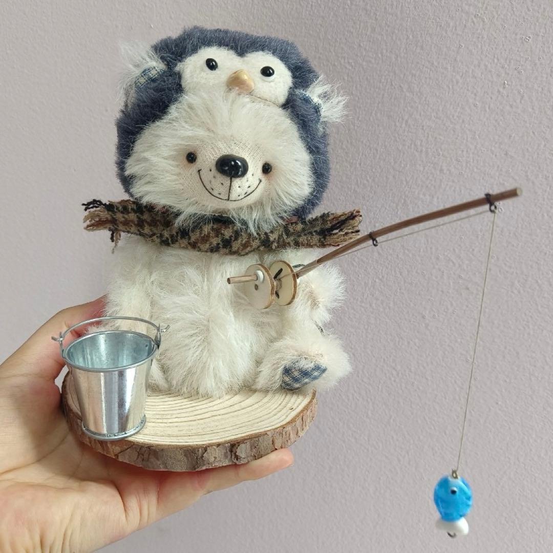 釣り好きな白熊 アーティストベア テディベア 海外作家様 ハンドメイド 置物