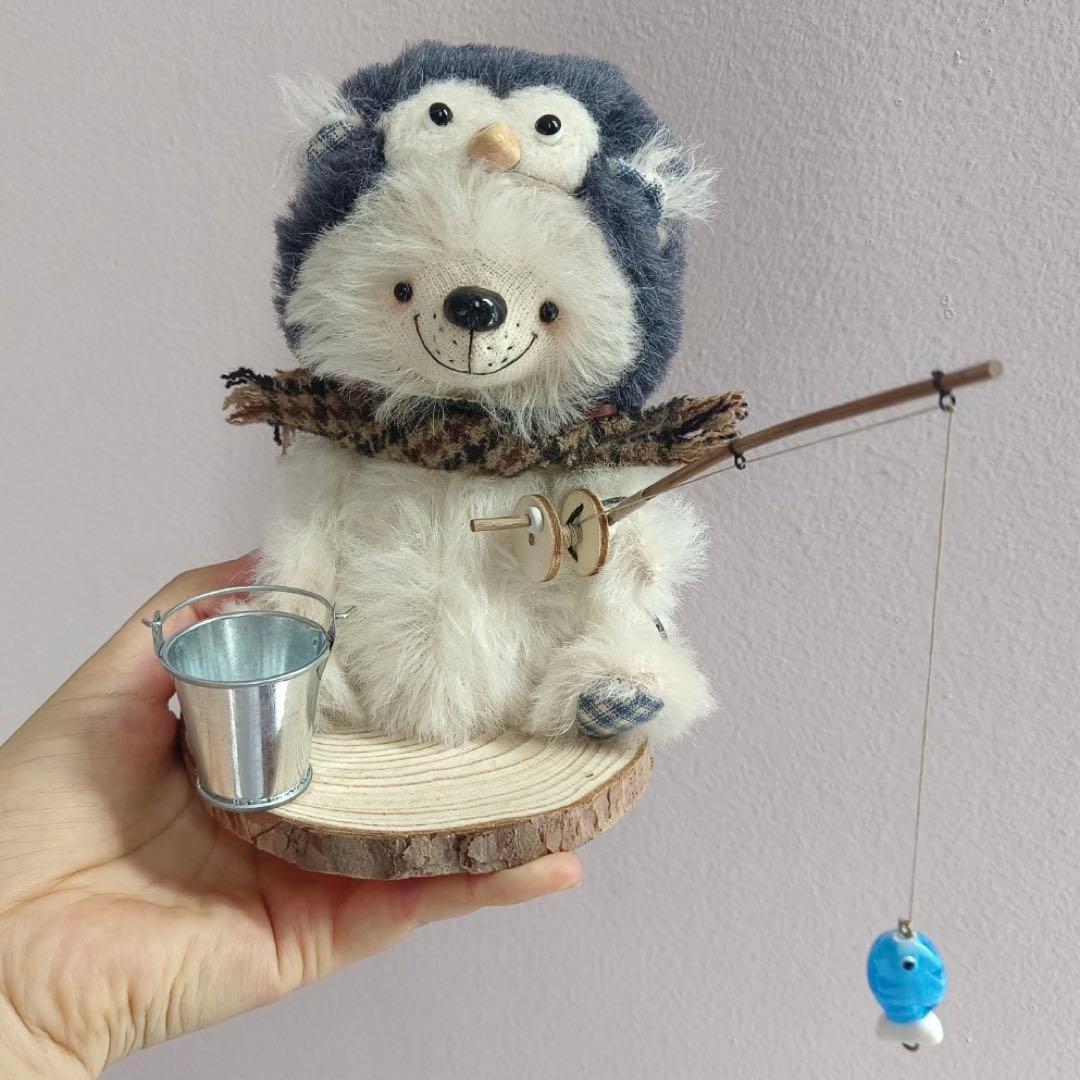 釣り好きな白熊 アーティストベア テディベア 海外作家様 ハンドメイド 置物