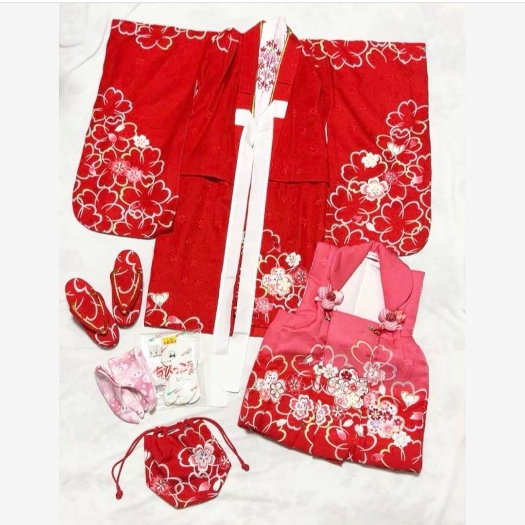 七五三 3歳 女の子 赤 桜 7点セット 着物 被布 長襦袢 足袋 草履 巾着