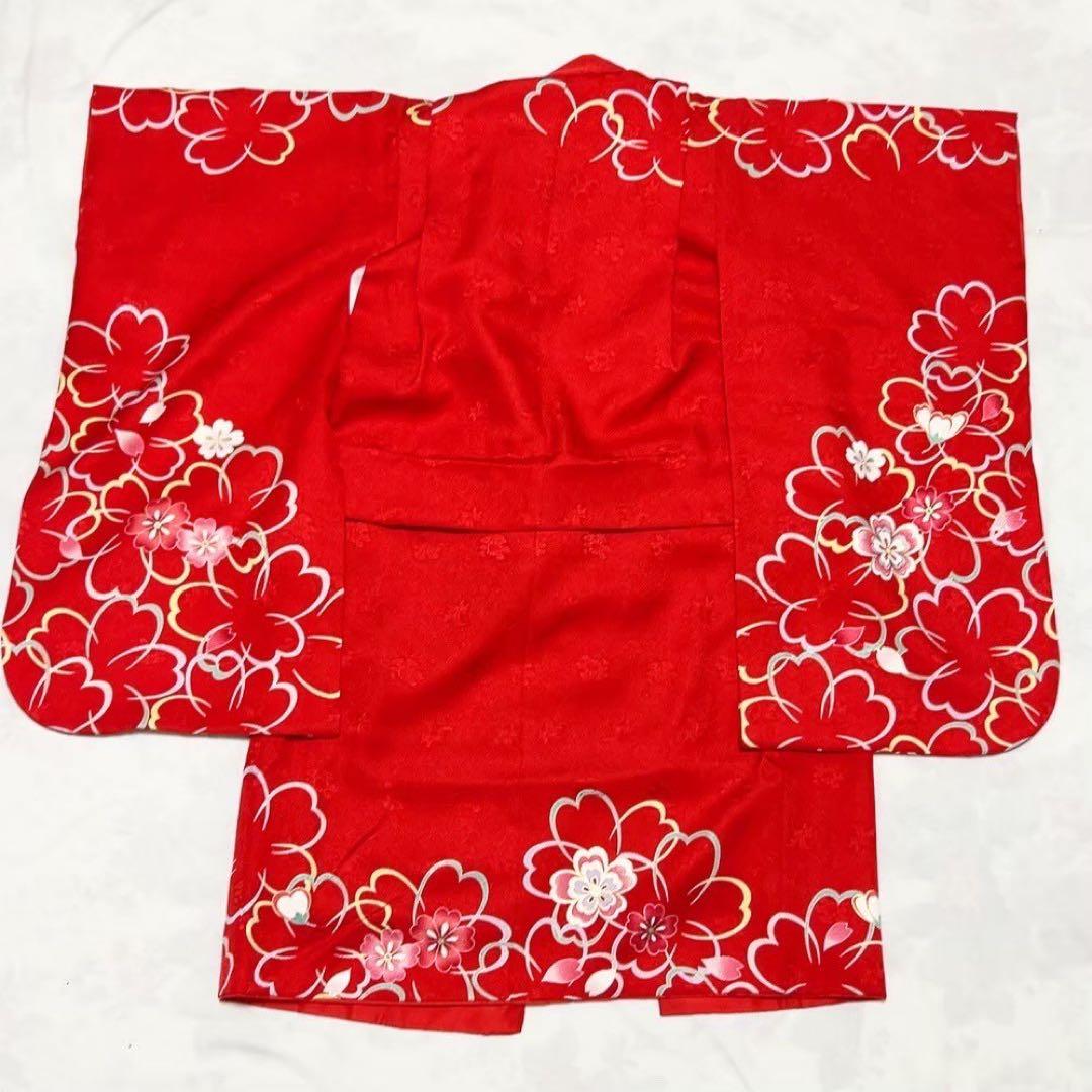 七五三 3歳 女の子 赤 桜 7点セット 着物 被布 長襦袢 足袋 草履 巾着