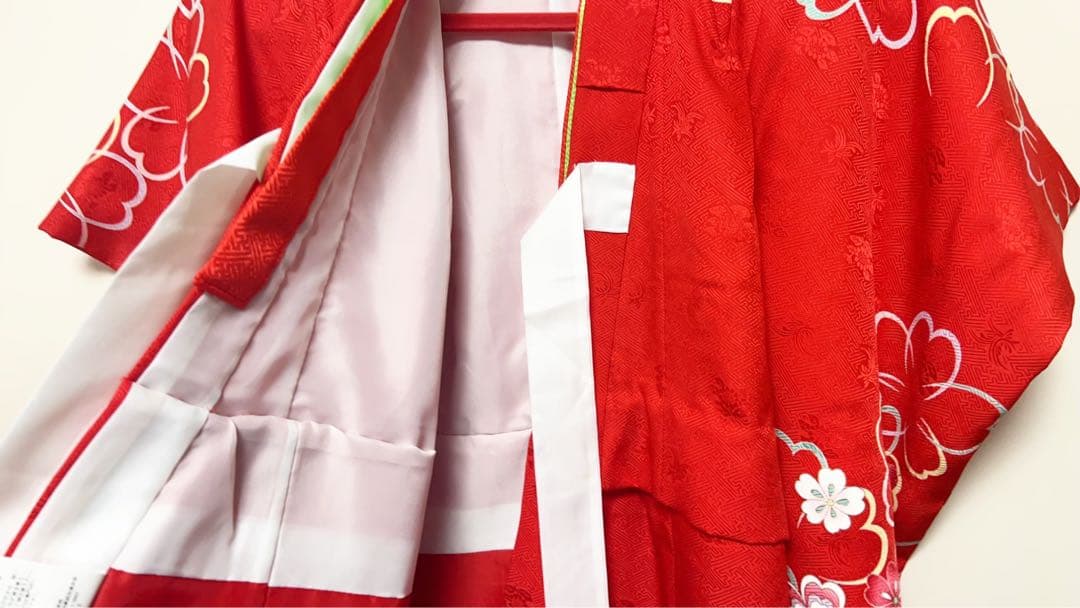 七五三 3歳 女の子 赤 桜 7点セット 着物 被布 長襦袢 足袋 草履 巾着