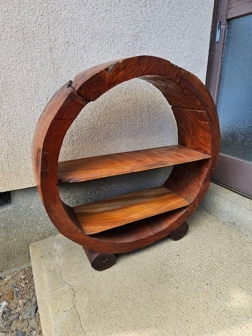 欅の飾り棚 木製 無垢 シェルフ オープンラック 丸型 和室 古民家 和モダン