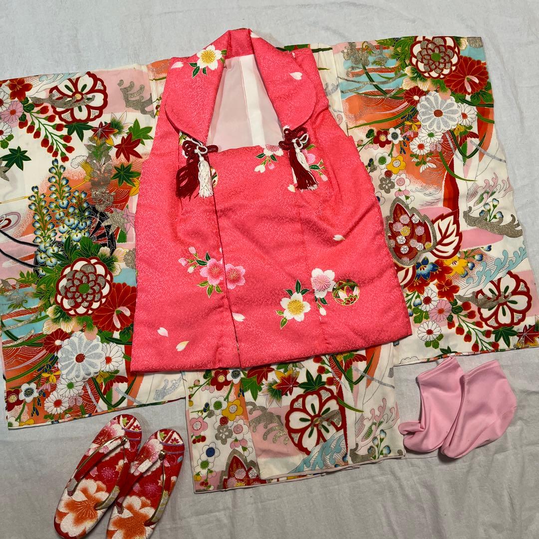 七五三　3歳　被布　着物　アンティーク　正絹　ピンク