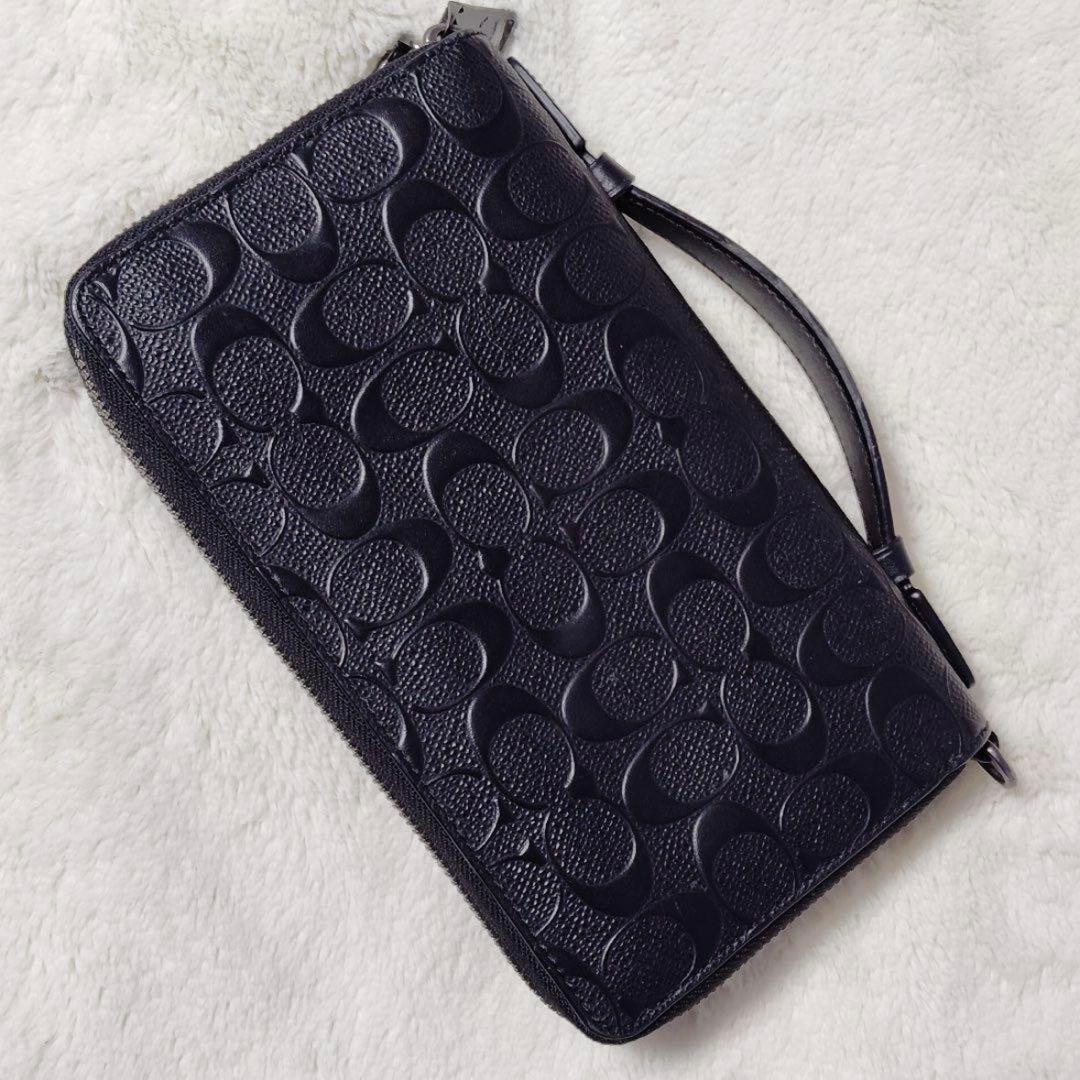 （美品】コーチ型押しトラベルオーガナイザー ダブルジップ セカンドバッグ