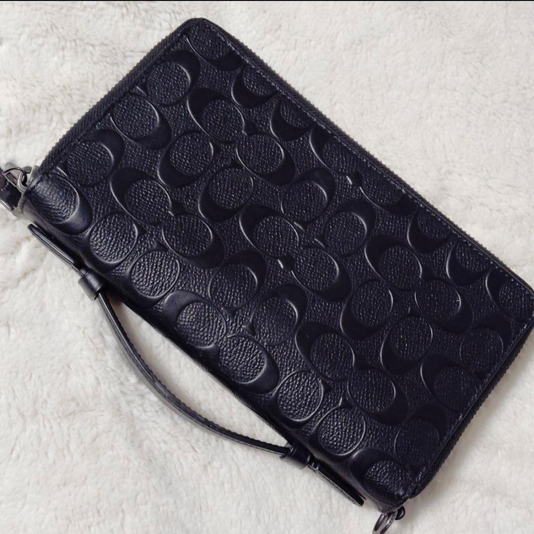 （美品】コーチ型押しトラベルオーガナイザー ダブルジップ セカンドバッグ