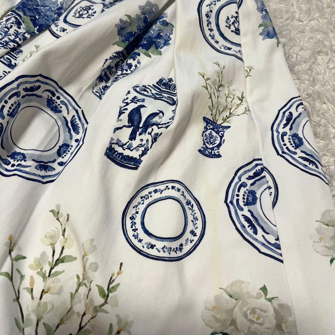 2023 セブンテン 陶器プリント 花柄スカート 陶器 水彩タッチブルーホワイト