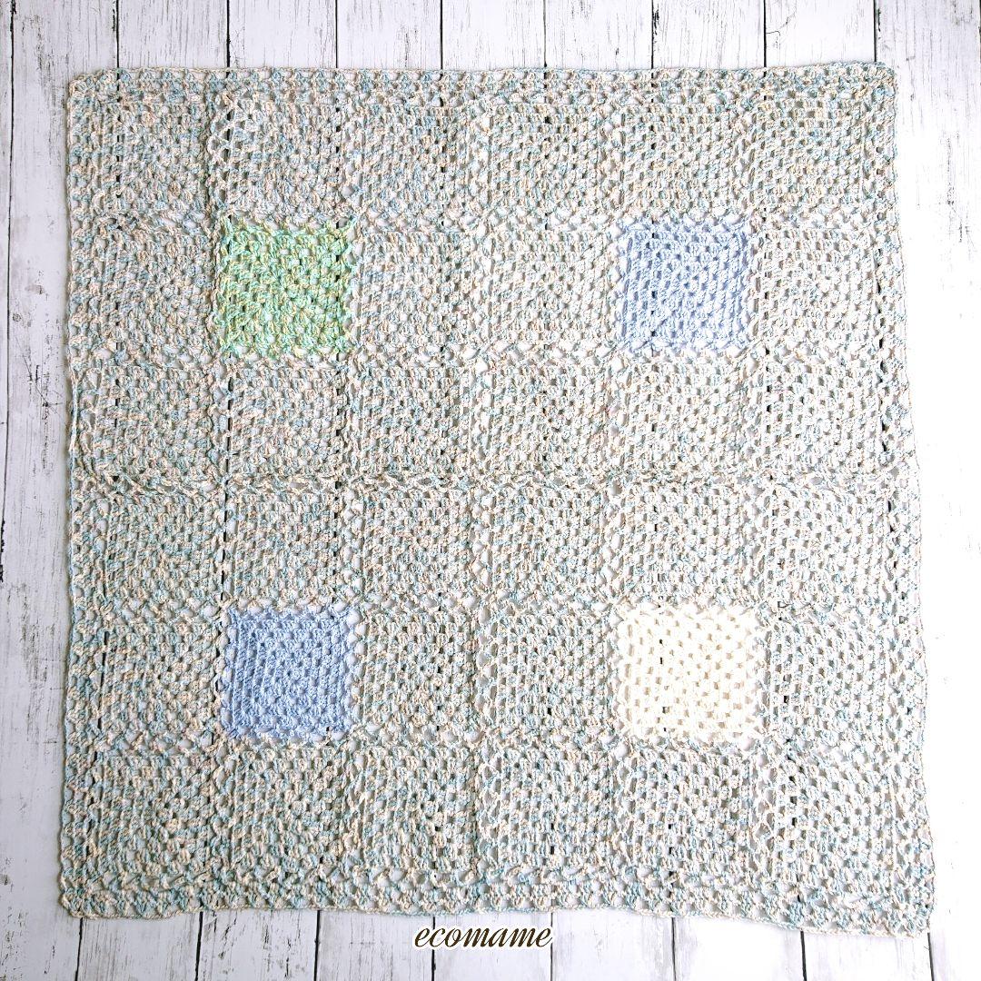 グラニースクエア モチーフ ブランケット おくるみ 手編み 綿100％ ブルー系