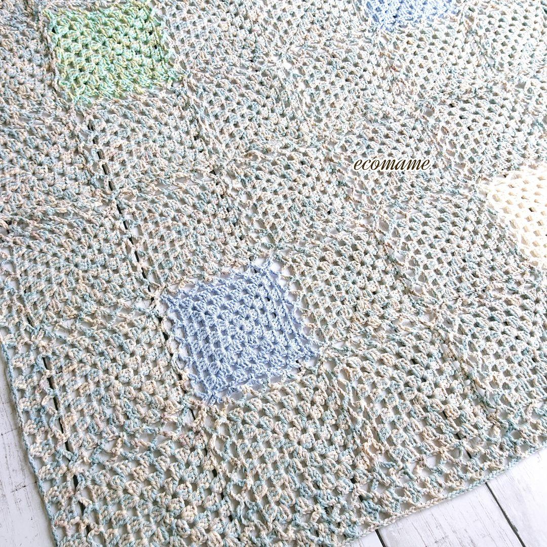 グラニースクエア モチーフ ブランケット おくるみ 手編み 綿100％ ブルー系