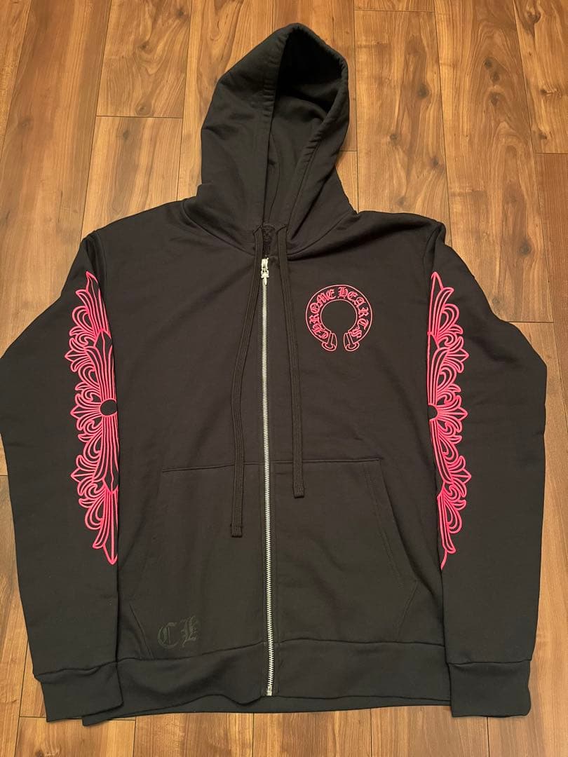 クロムハーツ ジップアップ パーカー フローラルクロス ホースシュー ピンク M