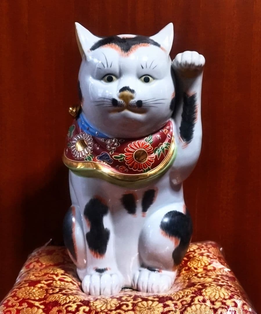 九谷焼 招き猫 三毛盛１０号 ３１センチ アンティーク 美品