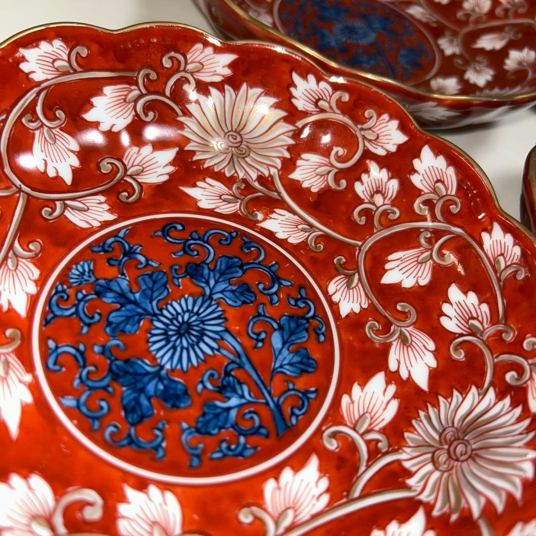 【希少】源右衛門作　古伊万里の伝統　日本の銘窯　赤濃菊唐草文　五枚セット