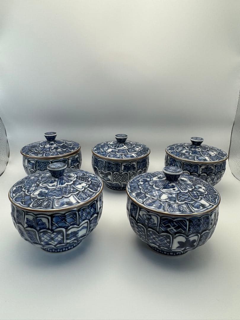 京焼 清水焼 壹楽 菊彫祥瑞 蓋付 お茶呑茶碗 5客 湯飲み 壱楽 湯呑みno2