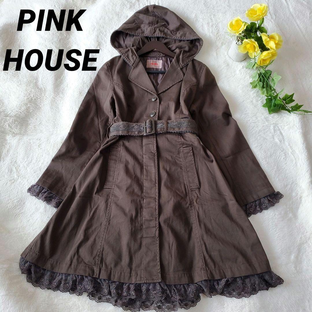 ピンクハウス　ステンカラーコート　ロングコート　ベルト付き　レース　フード