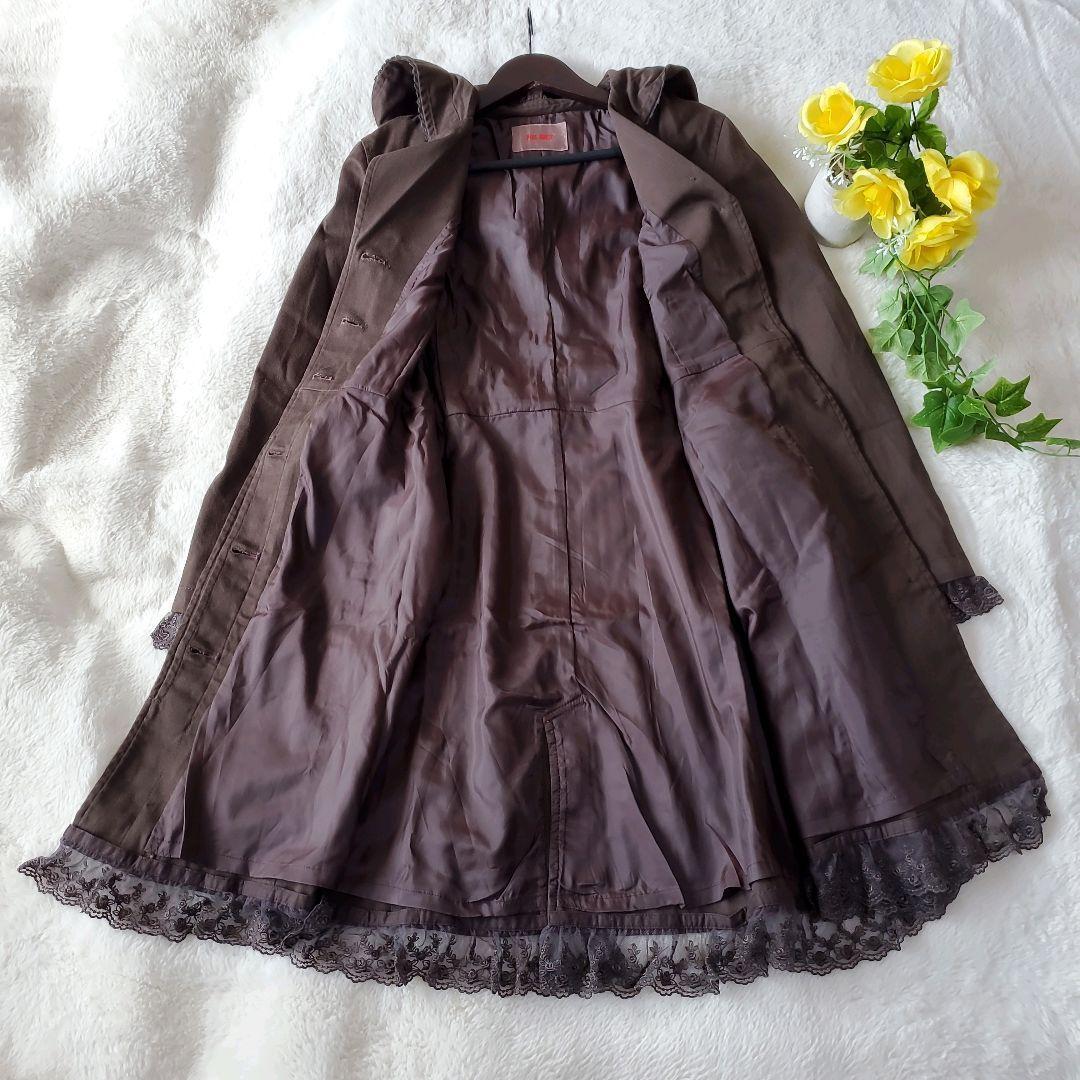 ピンクハウス　ステンカラーコート　ロングコート　ベルト付き　レース　フード