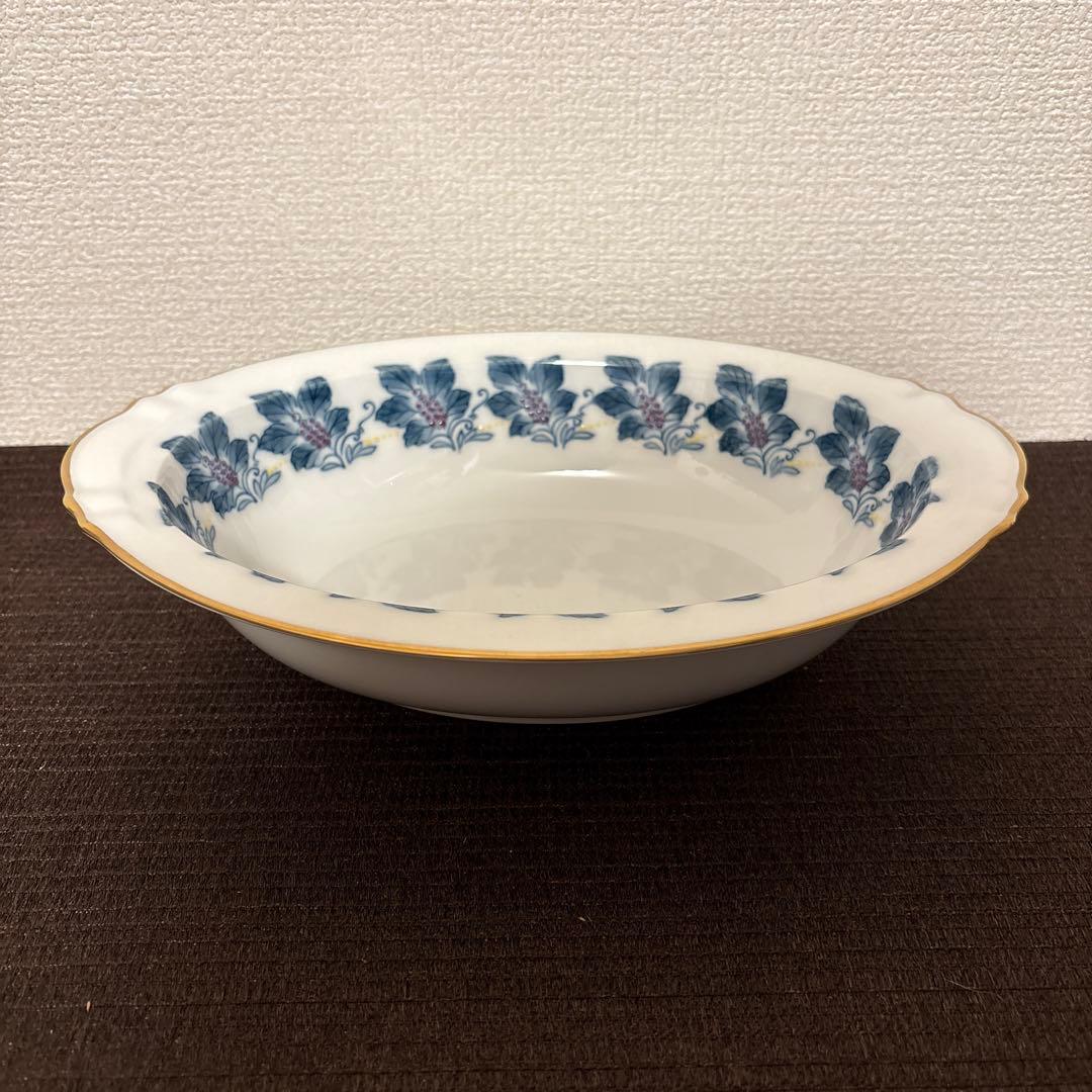 大倉陶園　金彩草花絵　呉須　手描き　オーバルディッシュ　サラダボウル