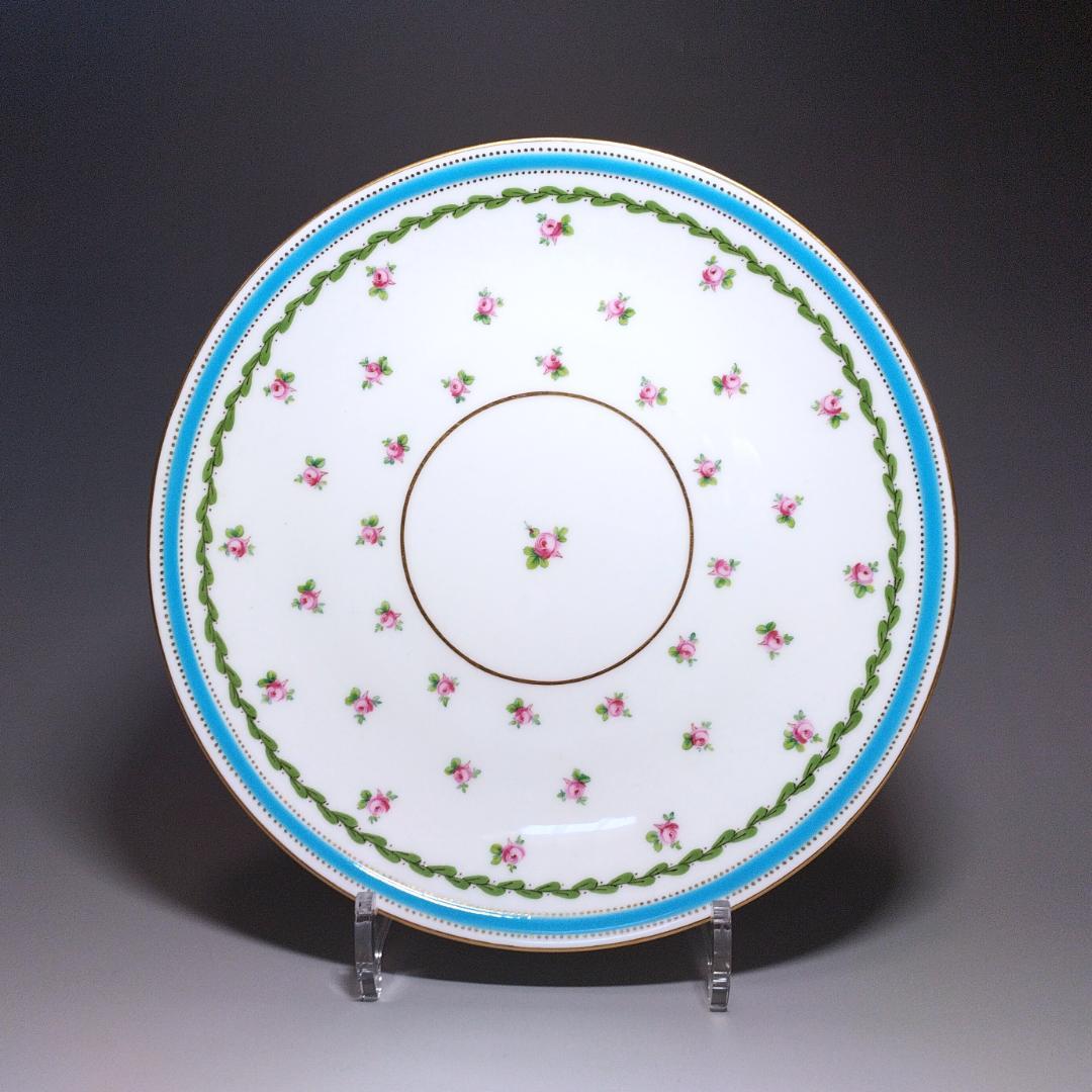 ミントン MINTON 1880年頃 トルコ石ブルーボーダー バラ絵 プレート