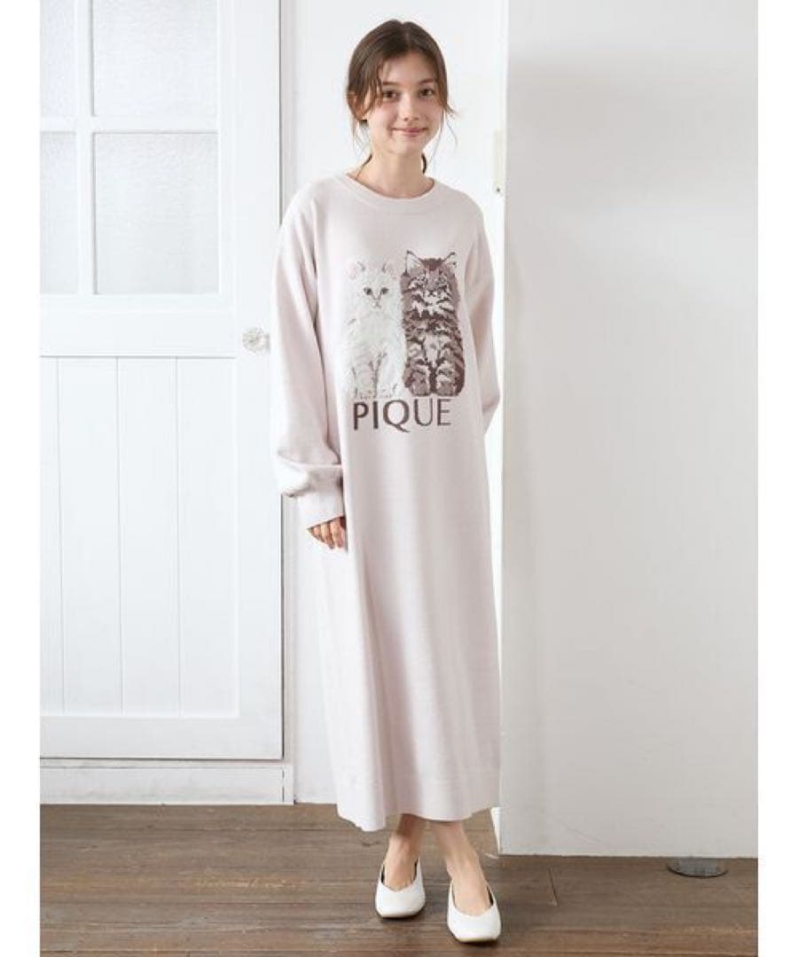 【新品未使用】ジェラートピケ　ツインキャットジャガードワンピース　ピンク
