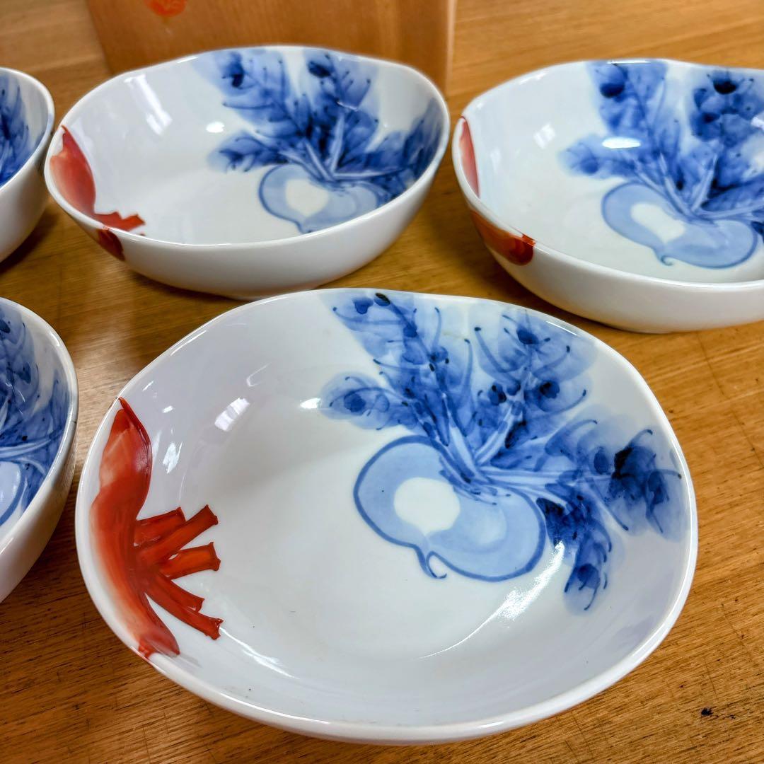 九谷焼　上出長右衛門　かぶの図　4.5号小鉢揃　　楕円鉢　盛鉢　横幅14.3cm