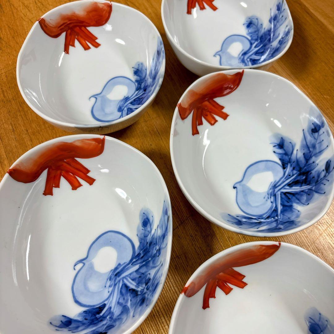 九谷焼　上出長右衛門　かぶの図　4.5号小鉢揃　　楕円鉢　盛鉢　横幅14.3cm