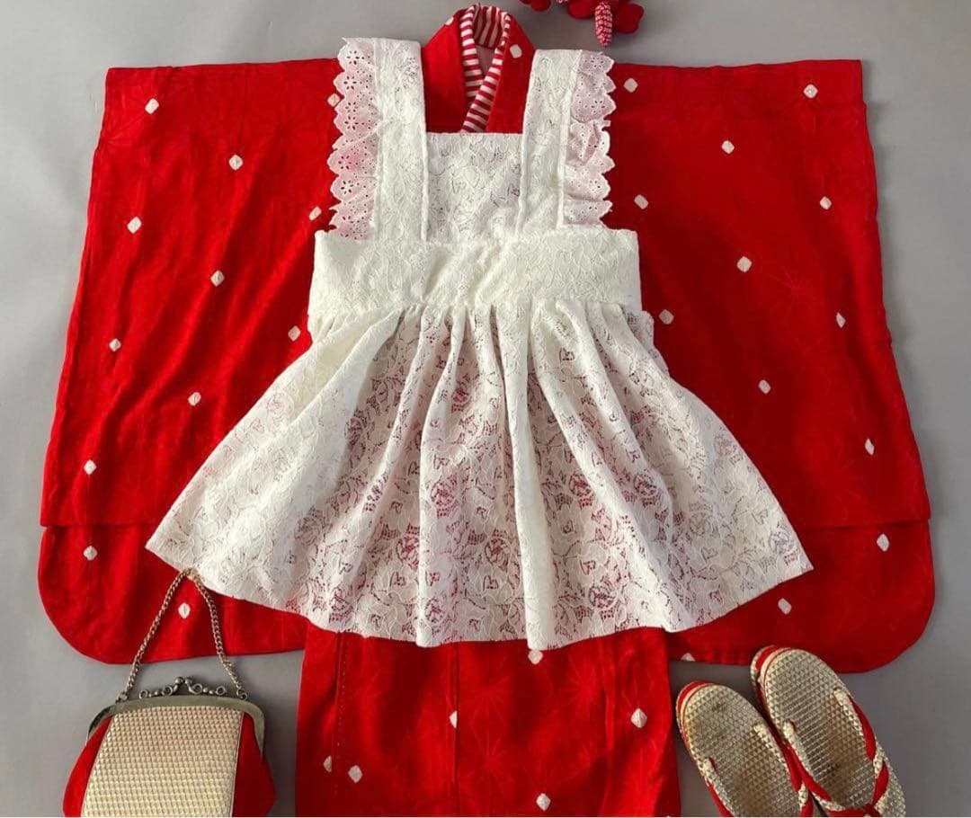 七五三　3歳　レースの被布エプロンコーデ　正絹お着物　3歳〜5歳前後