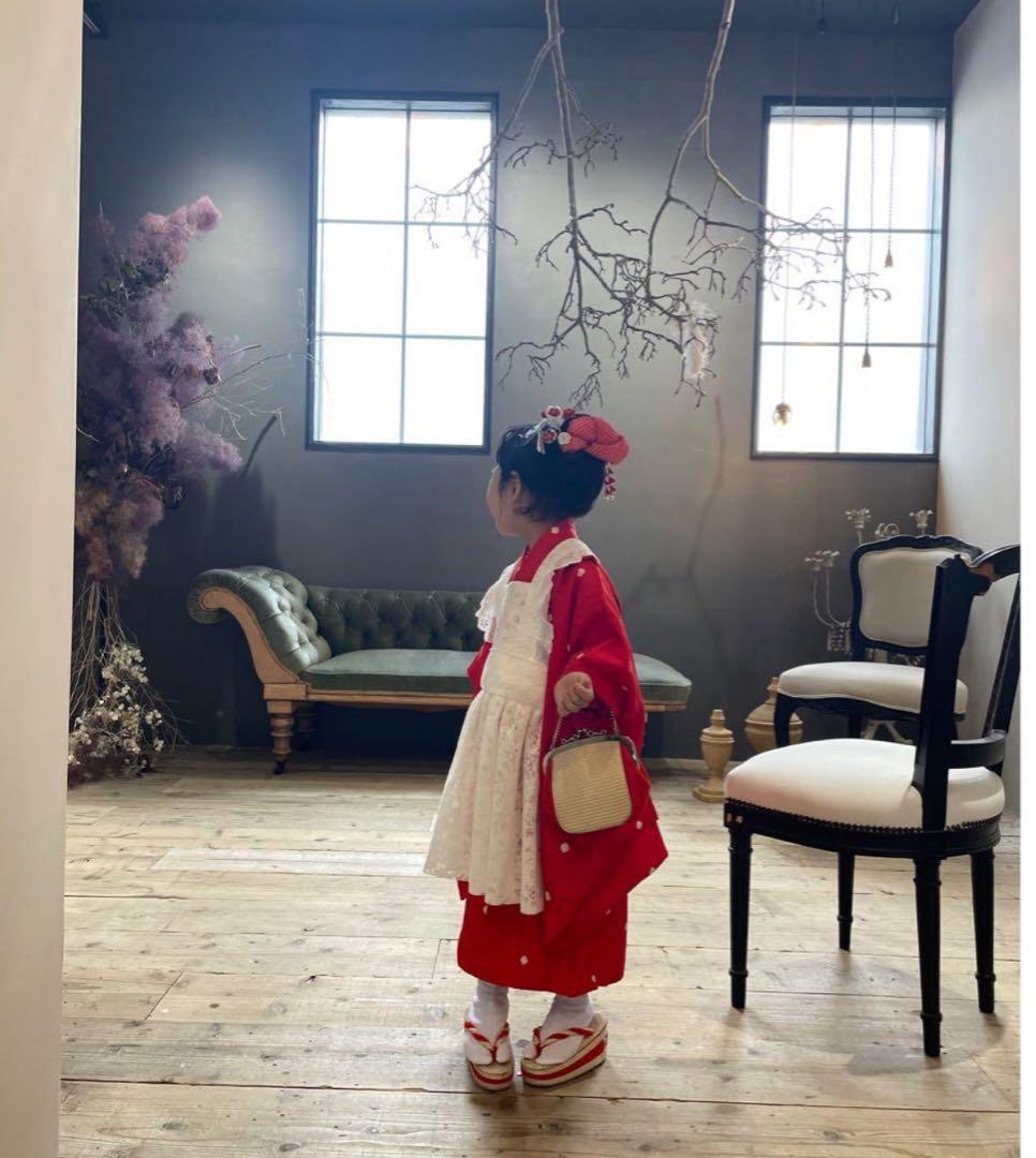 七五三　3歳　レースの被布エプロンコーデ　正絹お着物　3歳〜5歳前後