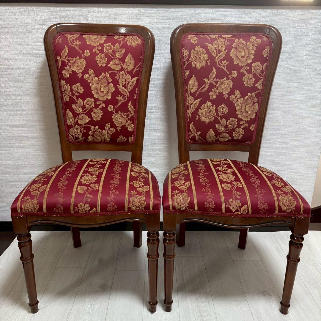 イタリア製 ダイニングチェア 2脚セット 花柄ジャガード 飴色 木製 高級椅子