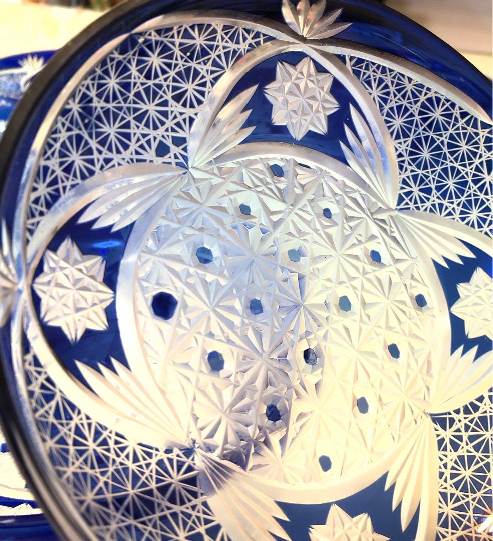 江戸切子　 瑠璃　麻の葉 菊龍目の文様昭和レトロ　8枚セット※説明必読