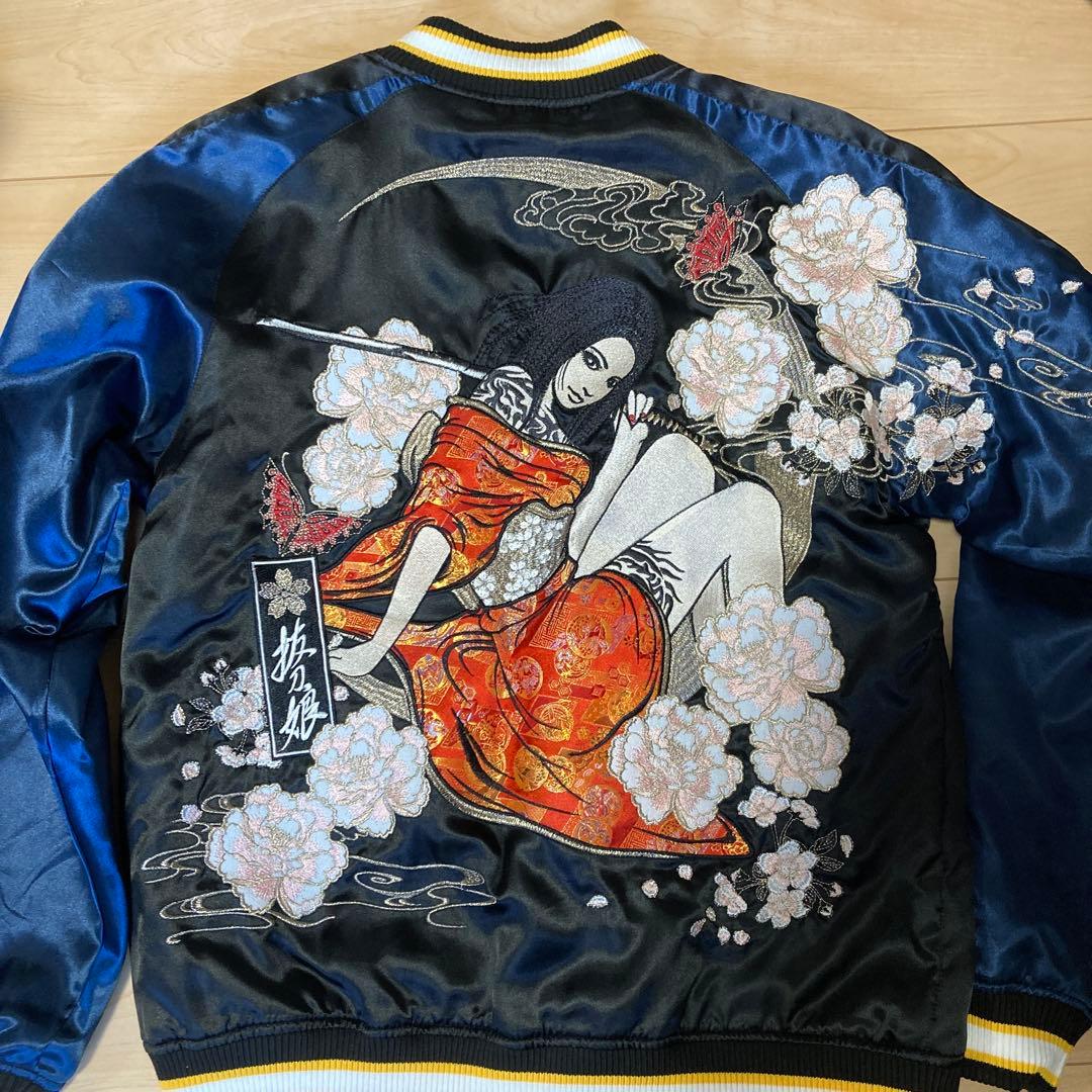 新品　抜刀娘　刺繍入りサテン スカジャン L ネイビー　シルバー　 リバーシブル