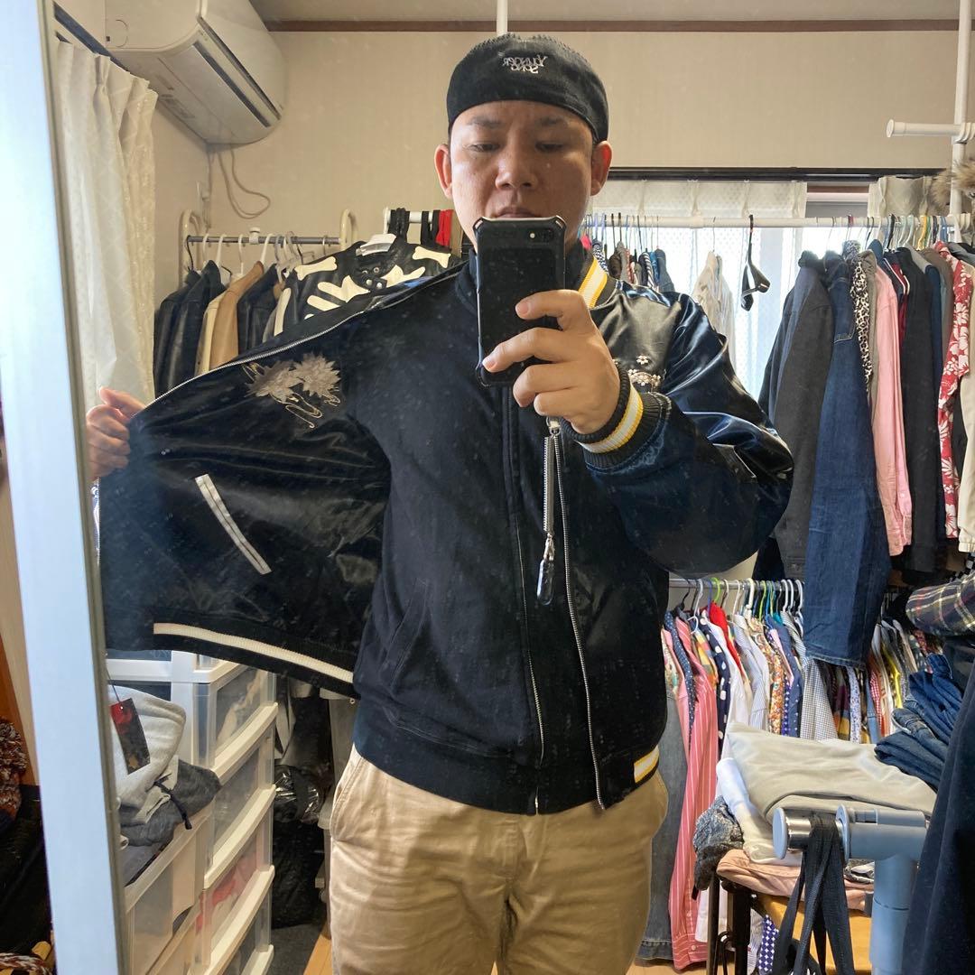 新品　抜刀娘　刺繍入りサテン スカジャン L ネイビー　シルバー　 リバーシブル