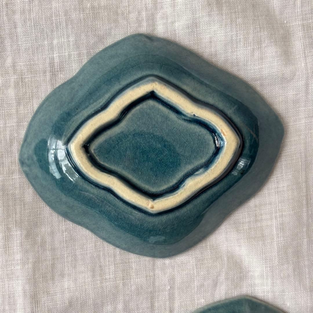 淡路　珉平焼　薄瑠璃薔薇の図 瑠璃釉青交趾陽刻 豆皿5客(江戸後期骨董古美術