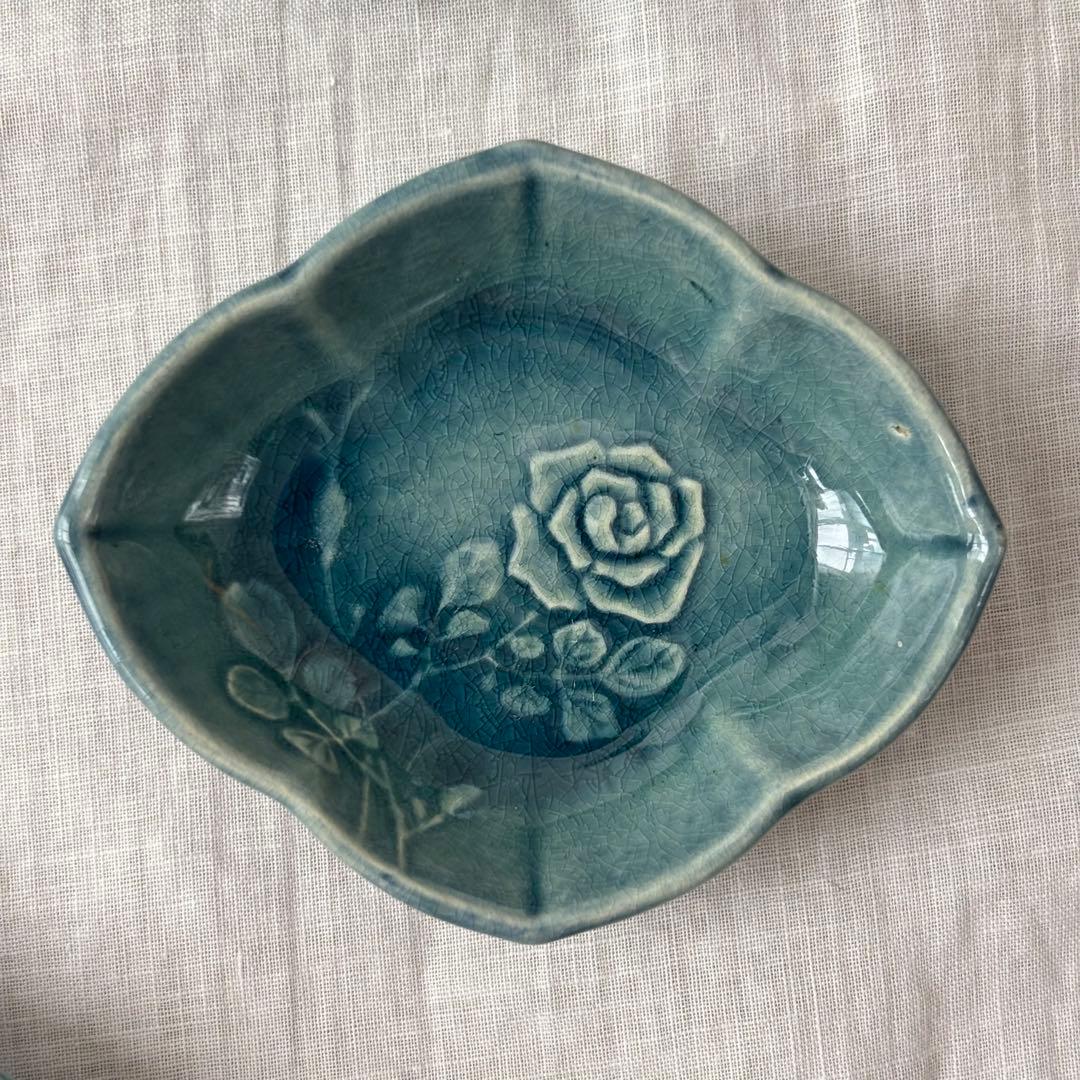 淡路　珉平焼　薄瑠璃薔薇の図 瑠璃釉青交趾陽刻 豆皿5客(江戸後期骨董古美術
